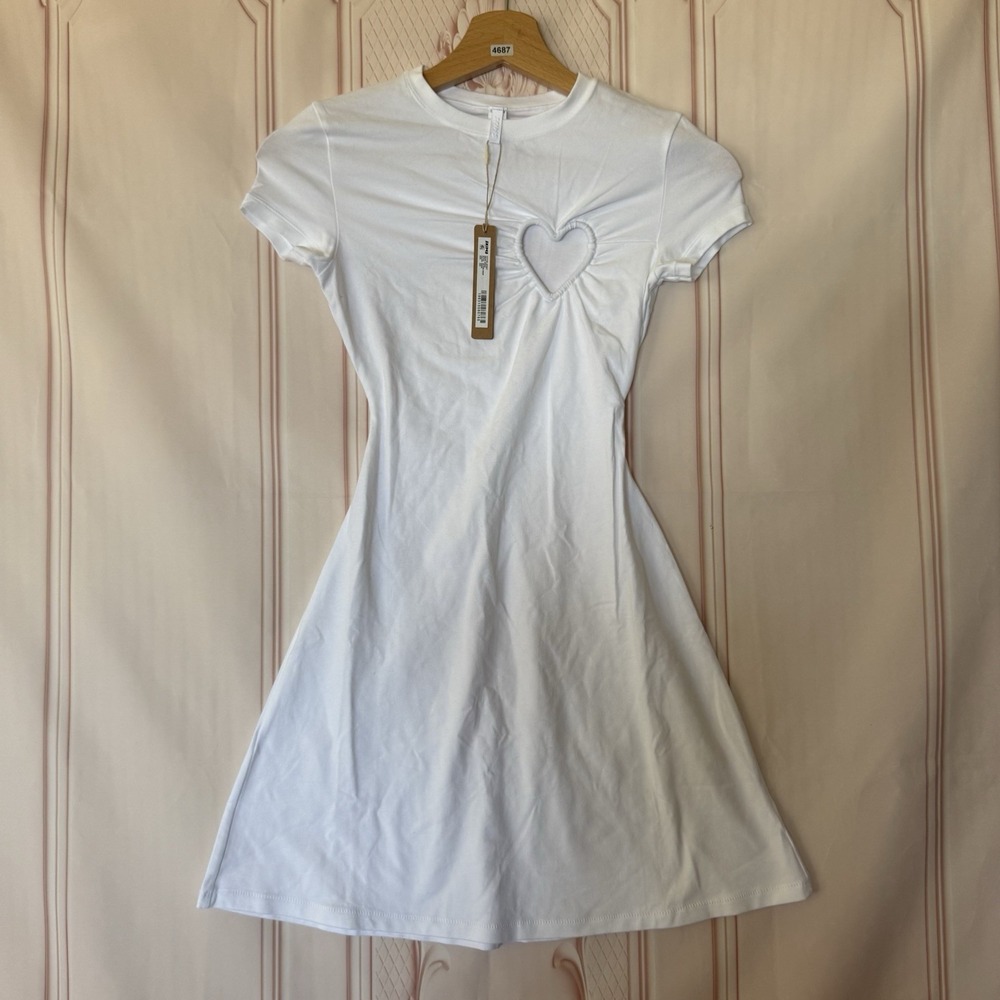 SKIMS Cotton Jersey Heart Cutout Mini Dress Snow (White) Sz XXS NWT